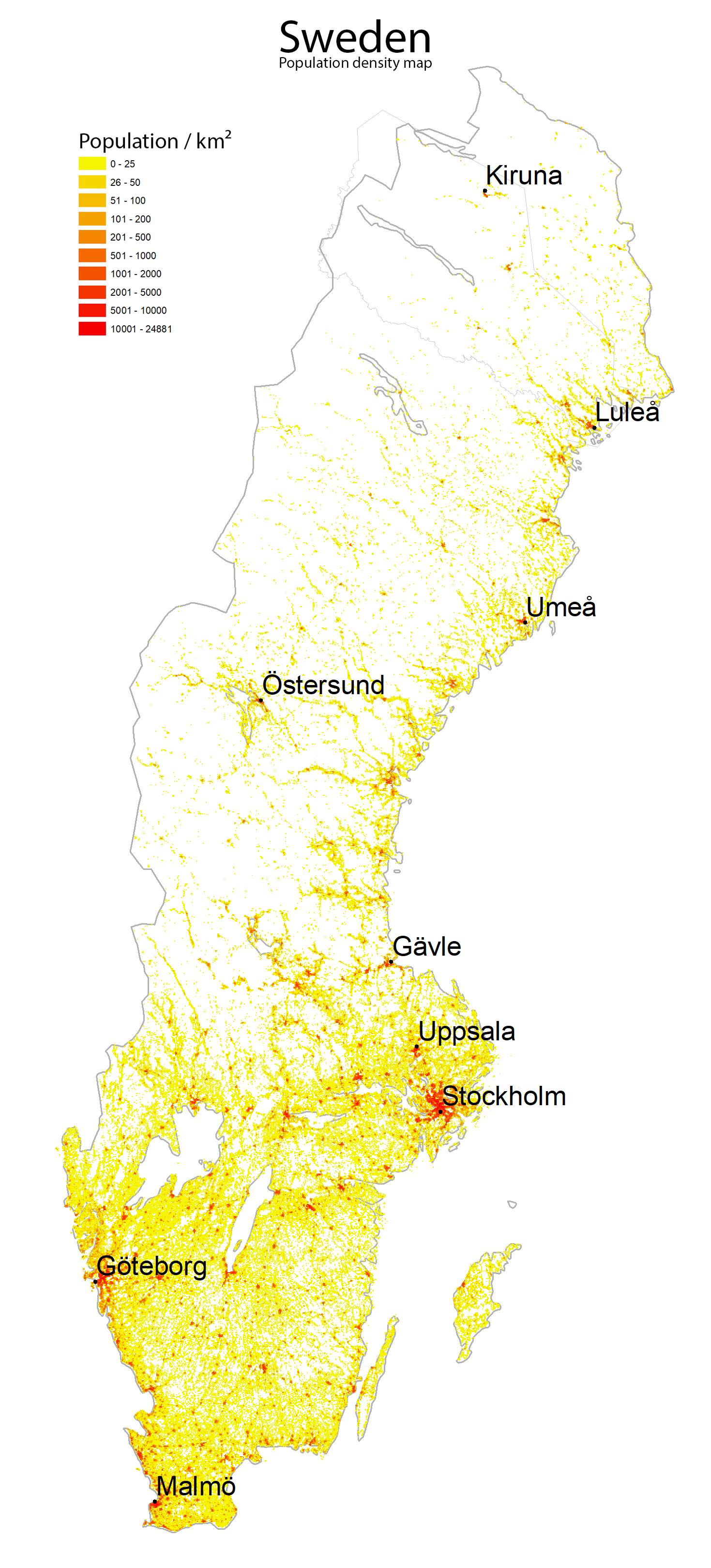 Sweden population density map Population density map of Sweden