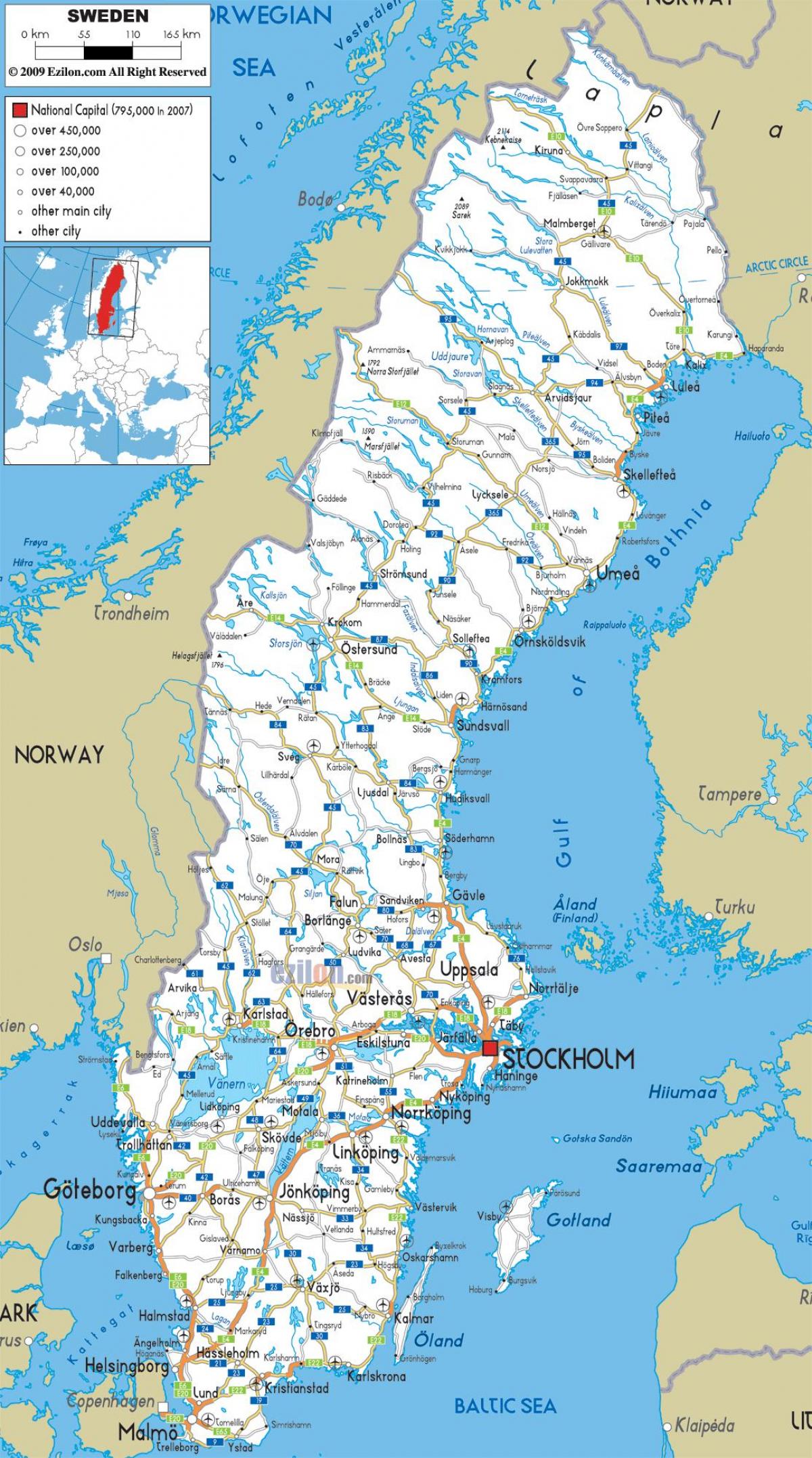 Sweden map with cities