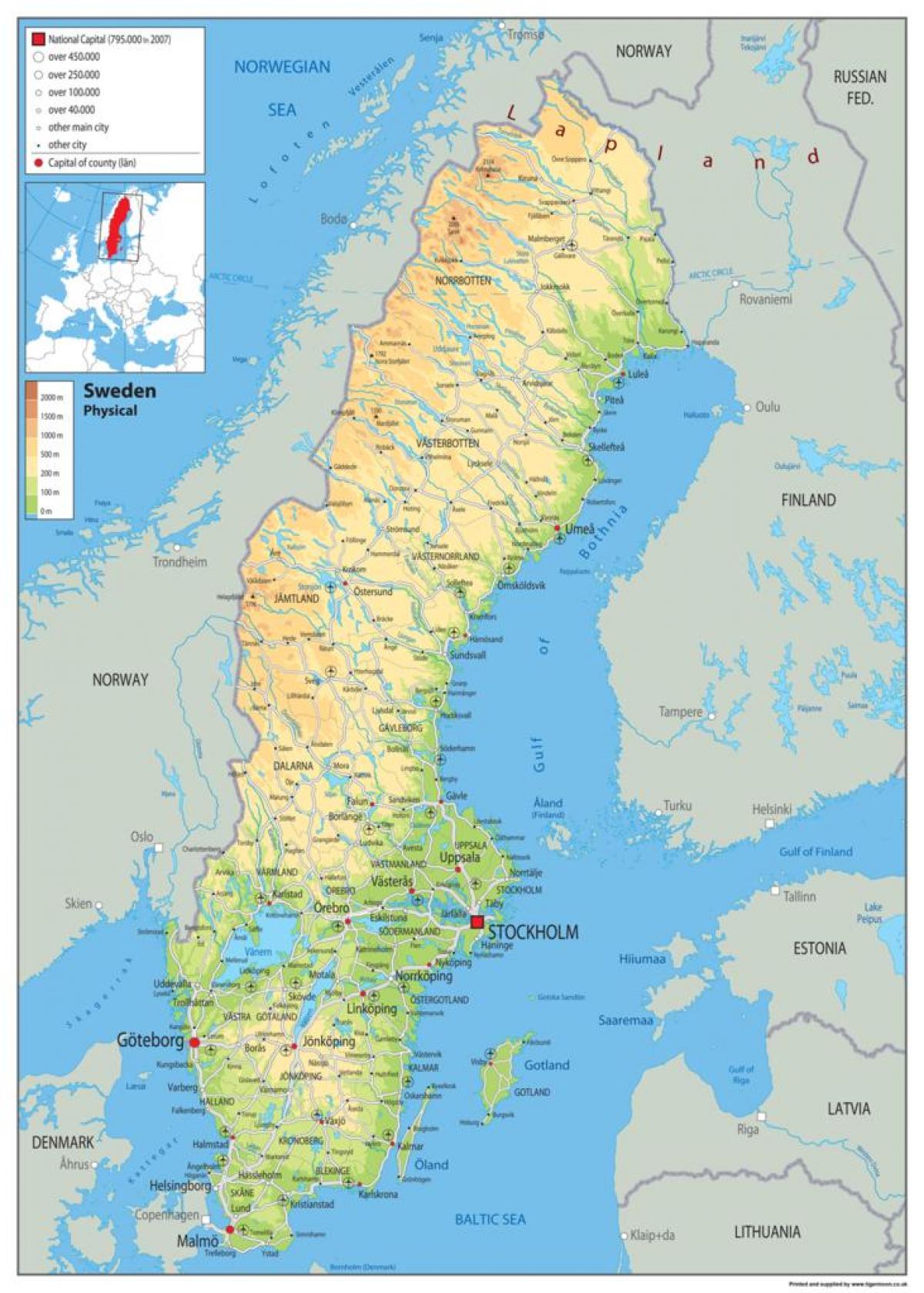 Sweden physical map - Physical map of Sweden (Northern Europe - Europe)
