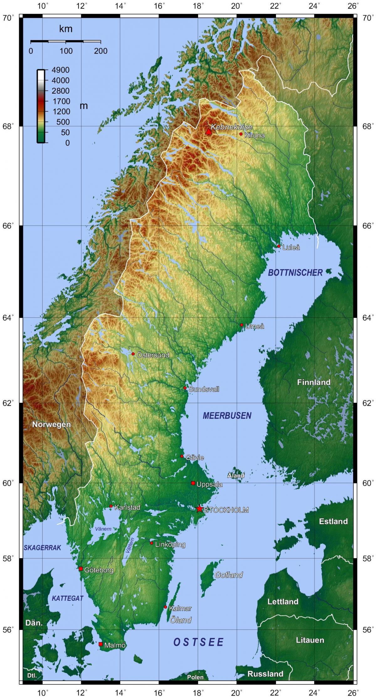Sweden topographic map - Topographic map of Sweden (Northern Europe